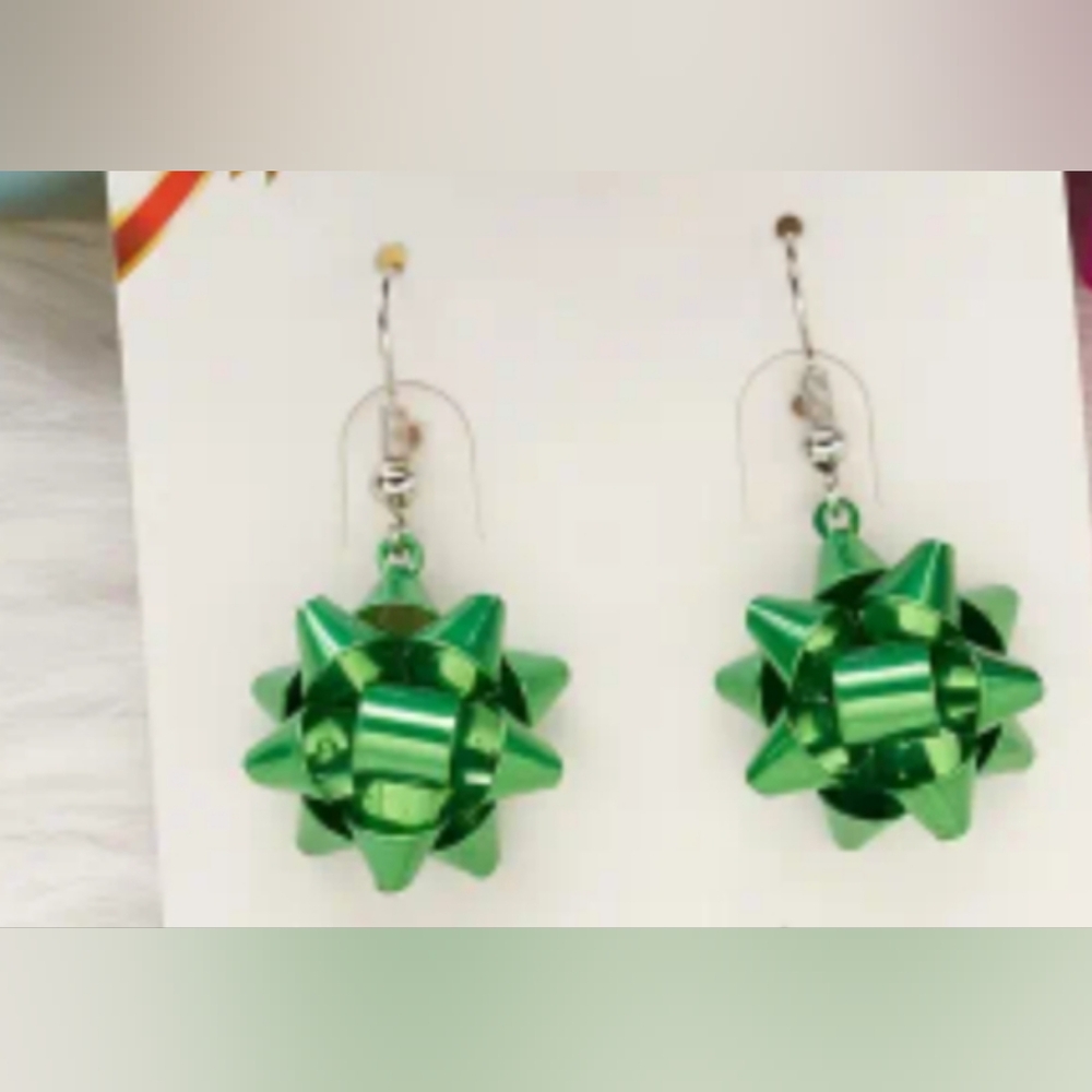 Festive earrings holiday‎ Christmas Green Bow Dangle